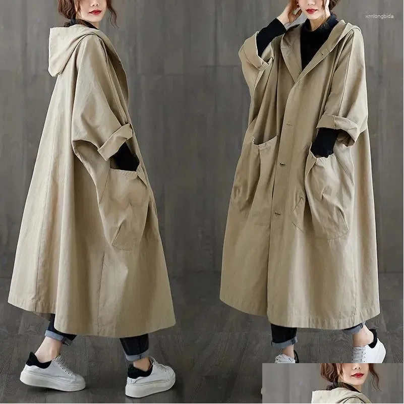 Women`s Trench Coats Woman Spring Autumn Coat Loose Long Large Pocket Windbreaker Hooded Commuter Casual Parker Overcoat