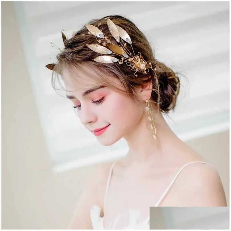 Hair Clips Baroque Bride Gold Color Leaf Crown Crystal Wedding Tiara Women Accessories Hairbands Head Ornaments