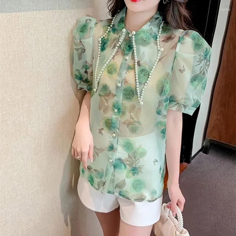 Women`s Blouses Summer Diamond Point Collar Render Print Organza Shirt Sleeve Single-Breasted Slim Chiffon Tops