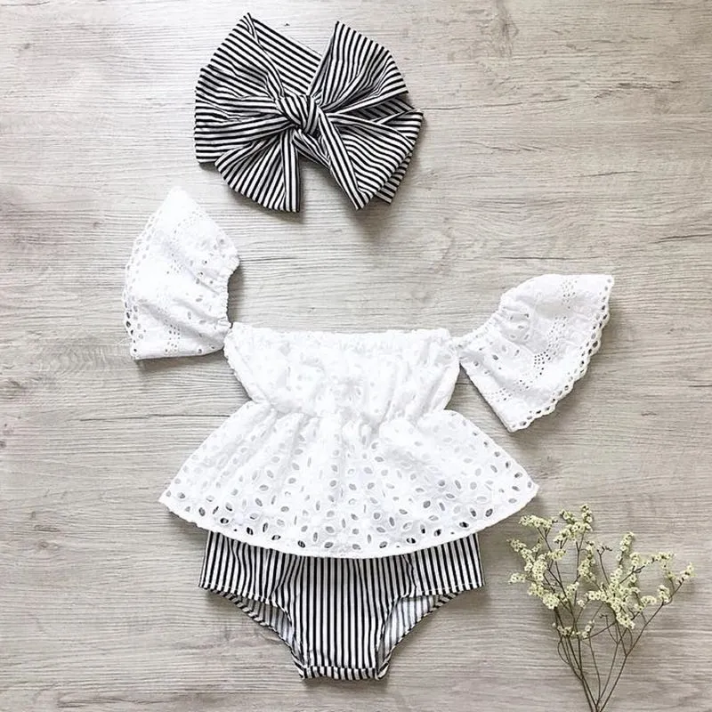 3pcs Toddler Baby Girl clothes set Lace hollow out short sleeve Top With Stripe Shorts And Headband 3Pcs Outfits set clothes