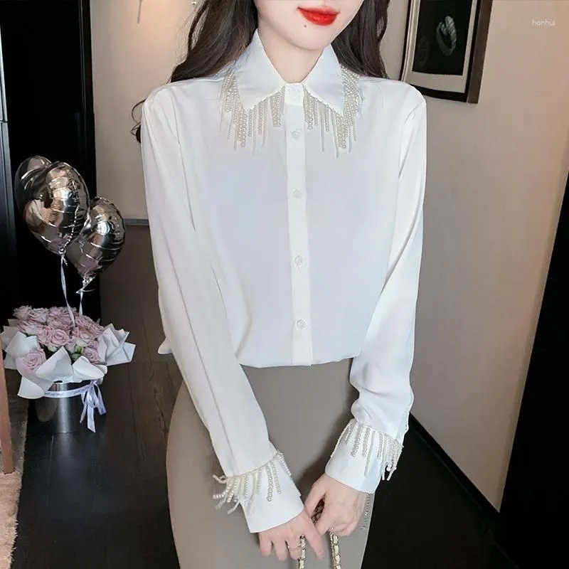 Women`s Blouses Western Style Chiffon Shirts Women 2023 Autumn Fashion Beading White Blouse Long Sleeve Turn Down Collar Elegant Tops