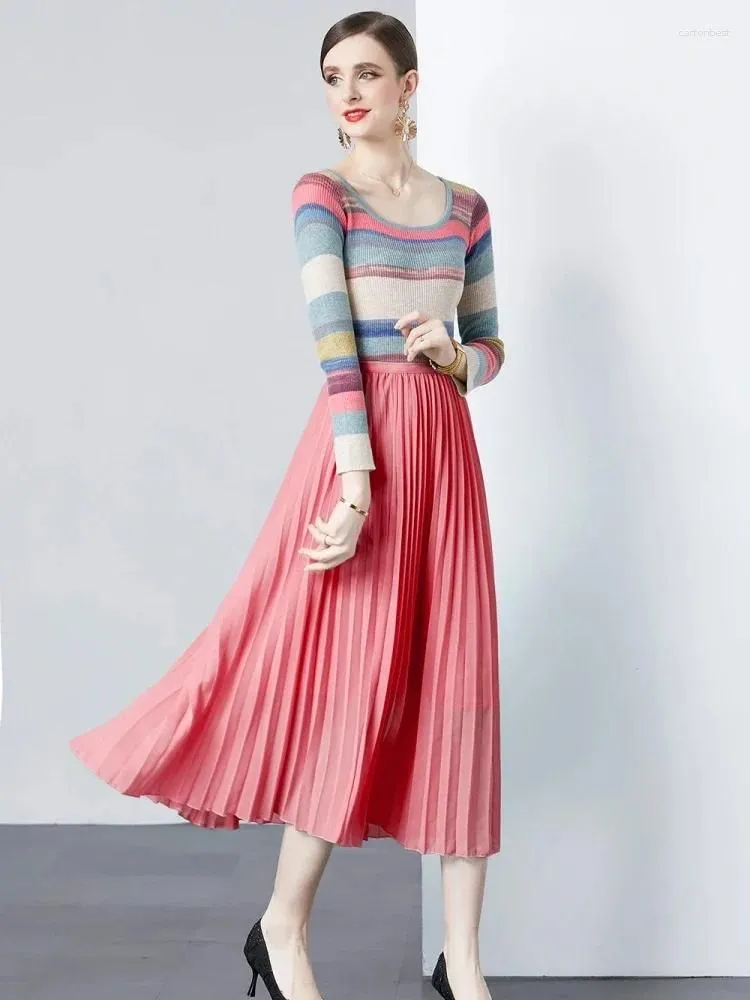 Work Dresses Spring Fall Elegant 2 Piece Set Women Casual Long Sleeve Hit Color Striped Knit Tshirt Chiffon Pleated MIdi Skirt Suits