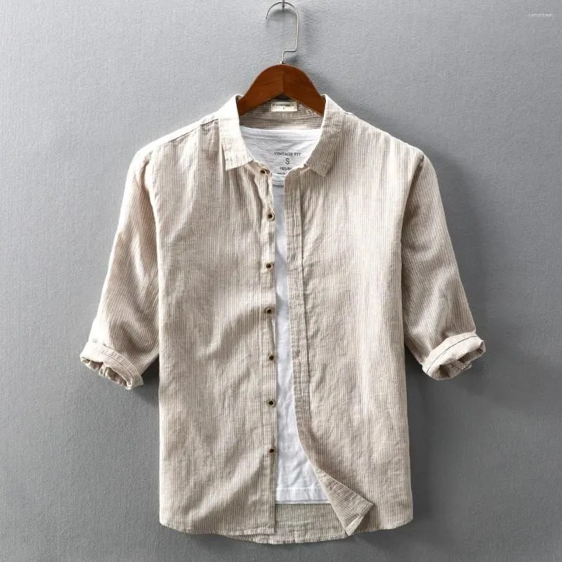 Men`s Casual Shirts 2023 Cotton Linen Shirt Half Sleeve Blouse Top Botton Pinstripe Plue Size 4XL Comfortable Handsome Men S