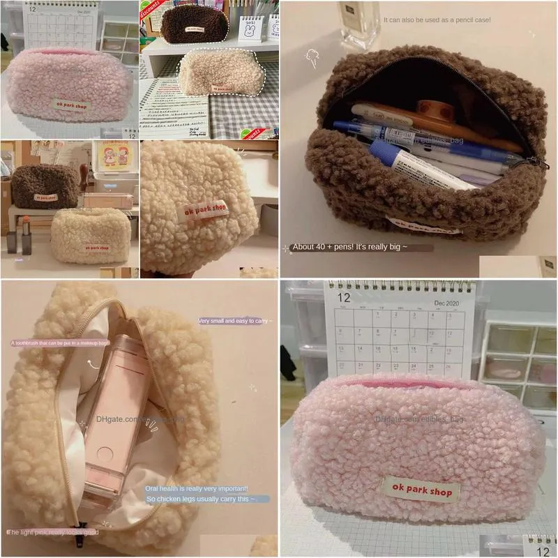 upgrade cute lamb hair travel makeup storage bag pen pencil pouch bag cosmetic pencil storage student large capacity multifunction bag