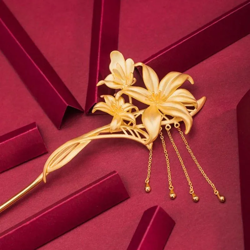 Ancient Gold Craft Tassel Hanfu Tiara Romantic and Creative High Quality Lily Flowers Blossom Hair Jewelry for Women Hairpin 240311