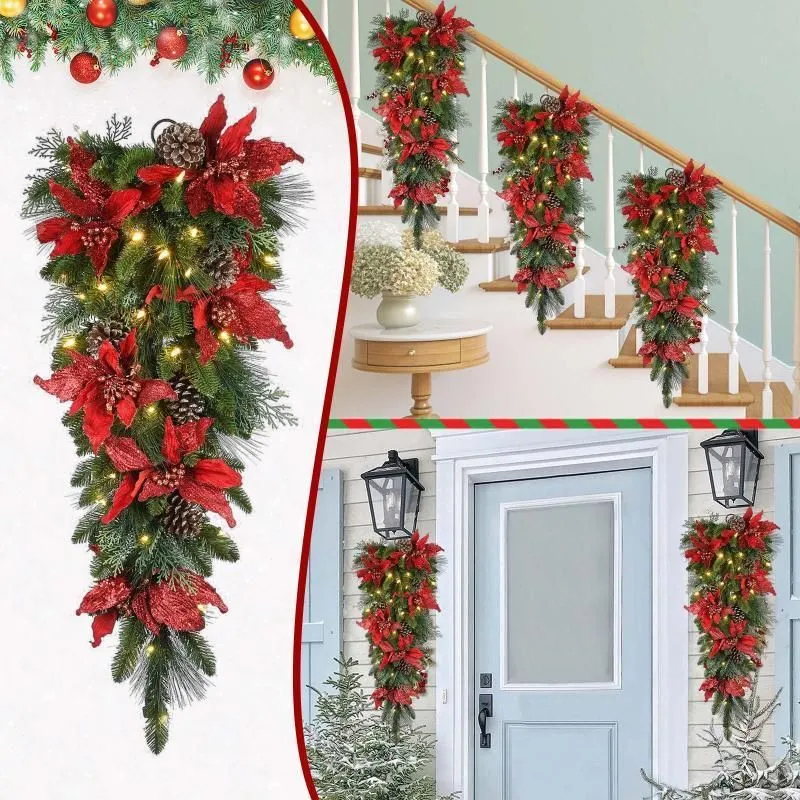 Decorative Flowers Wreaths Christmas LED Wreath Garlands Decoration Cordless Prelit Stairs Lights Up Navidad Xmas Decor Guirnaldas De Navidad