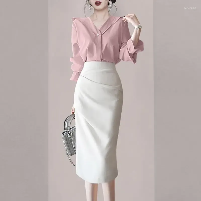 Work Dresses Feminine Gentle Set Of Solid Pink V-neck Ruffle Sleeve Blouse Shirt 2024 Autumn Women Long Two Piece Skirt