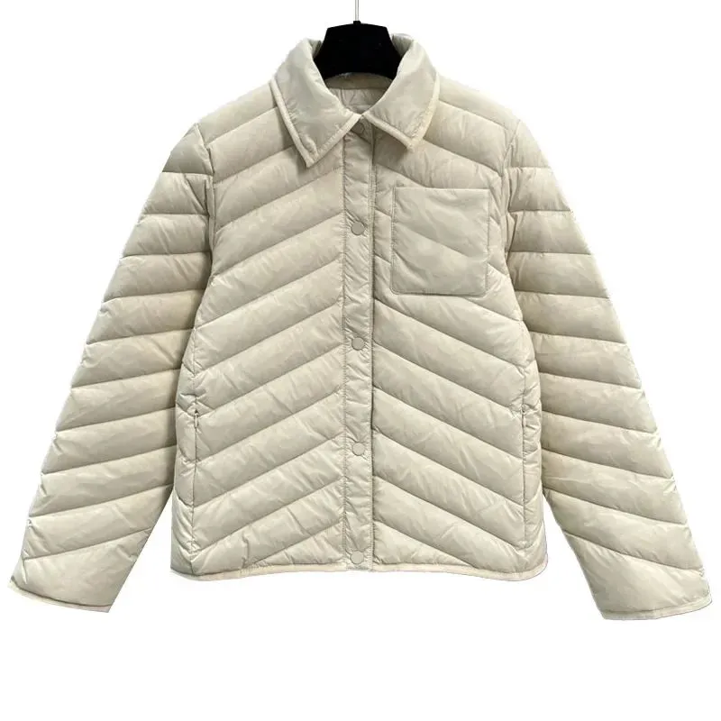 2024 Autumn/Winter New Women`s White Duck Down Filling Horizontal Pattern Fashion Simple Loose Women`s Down jacket