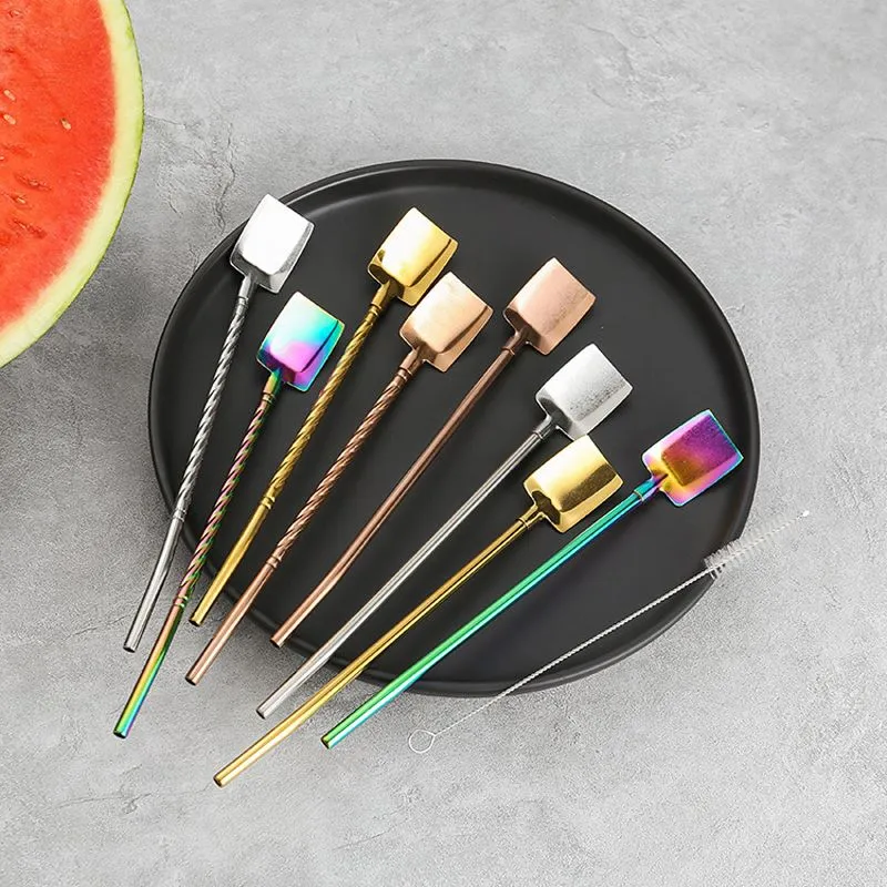 Stainless Steel Straw Spoon Ice Cream Watermelon Shovel Spoon Coffee Stir Scoop Juice Milk Tea Straws Scoops Cake Dessert Spoons Cuchara De Pajita Para