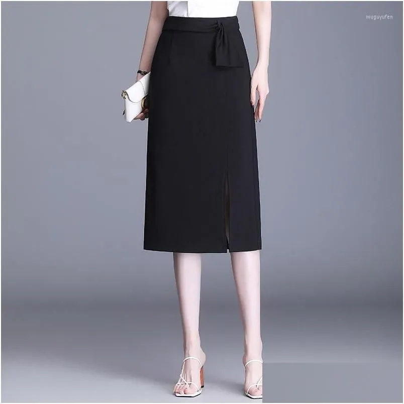 Skirts Women Elegant Chic Slim Casual Black Mid-Long Bodycon Skirt 2022 Summer High Waisted Slit Work Pencil 2107 Drop Delivery Appare