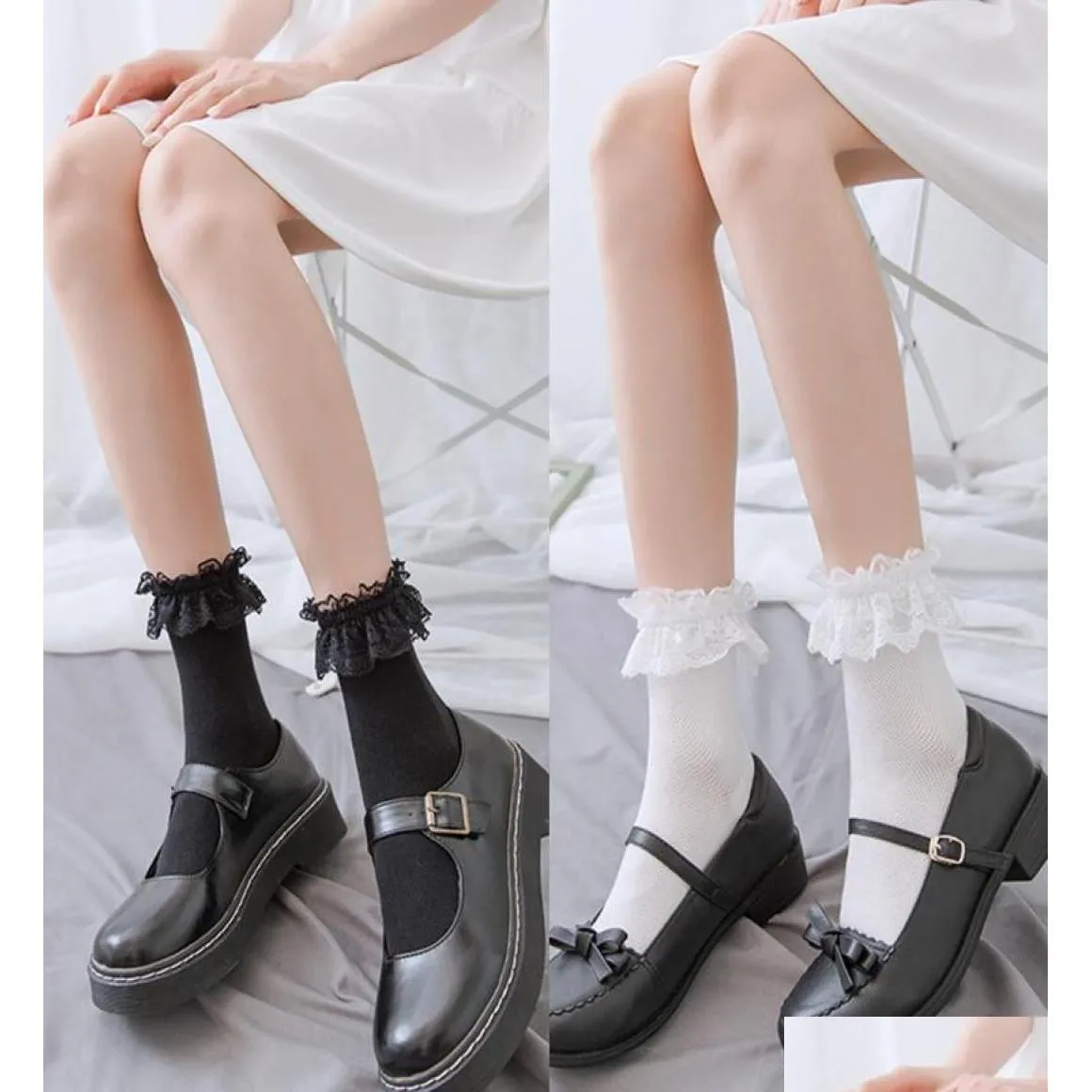 Socks Japanese Lolita Style Lovely Mesh Short Crew Harajuku Sweet Ruffled Lace Frilly Hollow Retro Cotton Mid Calf Hosiery