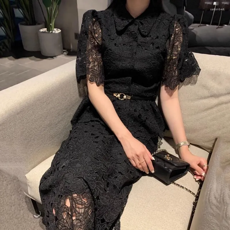 Work Dresses Lapel Short Sleeve Embroidery Crochet Shirt Temperament OL White Lace A Line Skirts 2 Piece Sets Women Tops Blouses