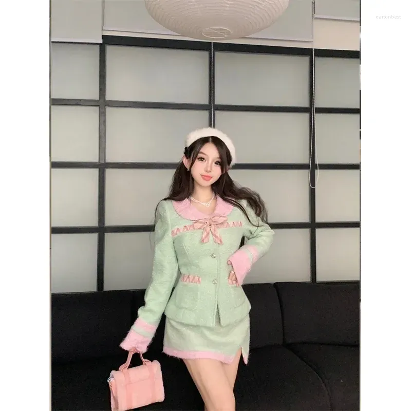 Work Dresses Sweet Girl Suit For Women`s Autumn/Winter Bow Tie Lapel Short Woolen Jacket High Waisted Mini Skirt Fashion Two-piece Set