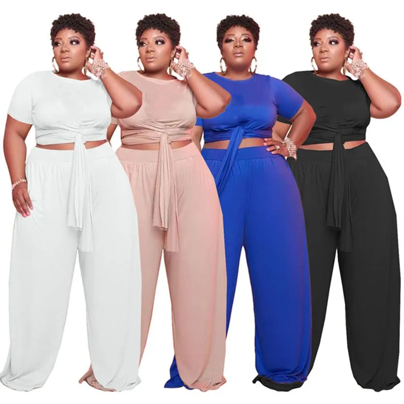 Women Plus Size Tracksuits Summer Clothes 3XL 4XL 5XL Bandage Sweatsuits Short sleeve T shirt+wide leg pants Two Piece Set Casual black outfits Jogging Suits