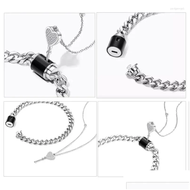 Necklace Earrings Set 2pcs Heart Key Pendant Stainless Steel Lock Bracelet Fashion Couple Jewelry For Women Men DropShip