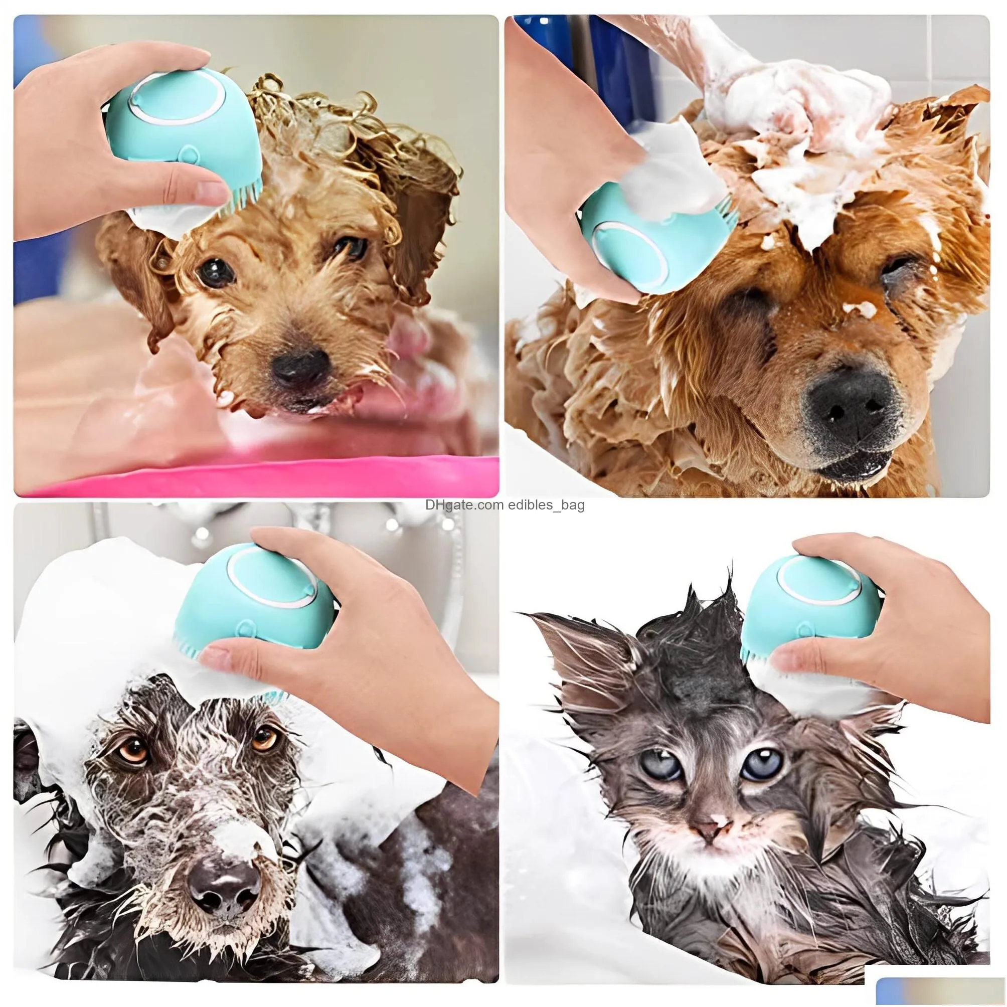 dog cat bath brush comb silicone rubber pet massage brush hair fur grooming cleaning brush soft shampoo dispenser for short long haired dogs and cats