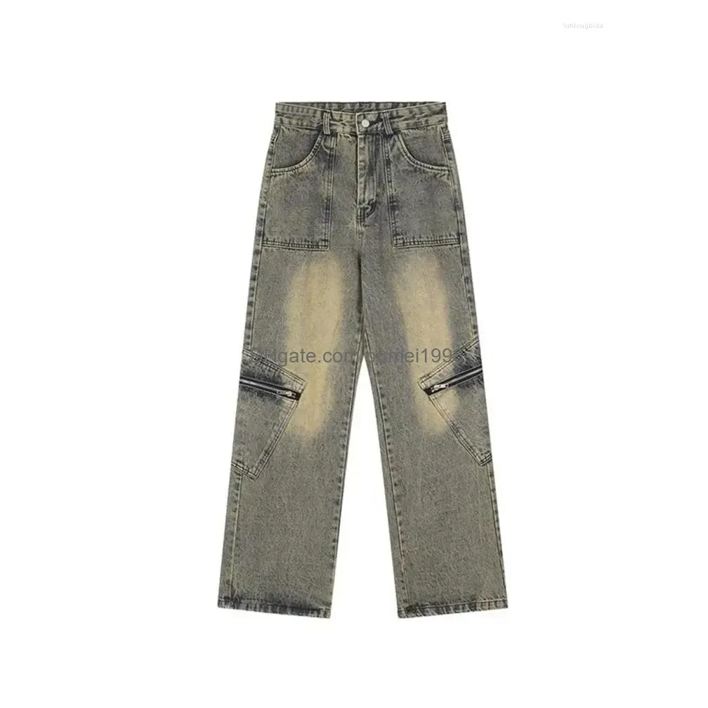 Men`S Jeans Mens American High Street Yellow Mud Dyed Denim Trousers Trend Retro Water Washing Straight Pants Loose Men And Drop Deli Dhklz