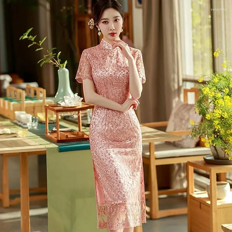 Ethnic Clothing Women Lace Long Pink Elegant Qipao Chinese Formal Party Gown Mandarin Collar Y Cheongsam Short Sleeve Retro Drop Deliv