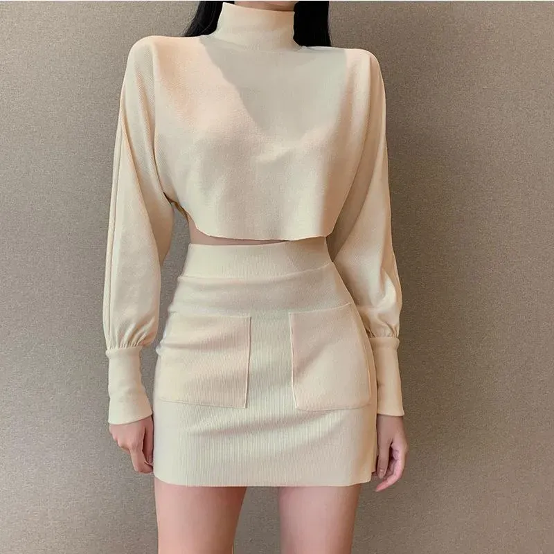 Work Dresses Winter 2 Pieces Sets Outfits Turtleneck Women Sexy Party Casual Skirt Suit Long Sleeve Crop Tops Mini ClothesWork
