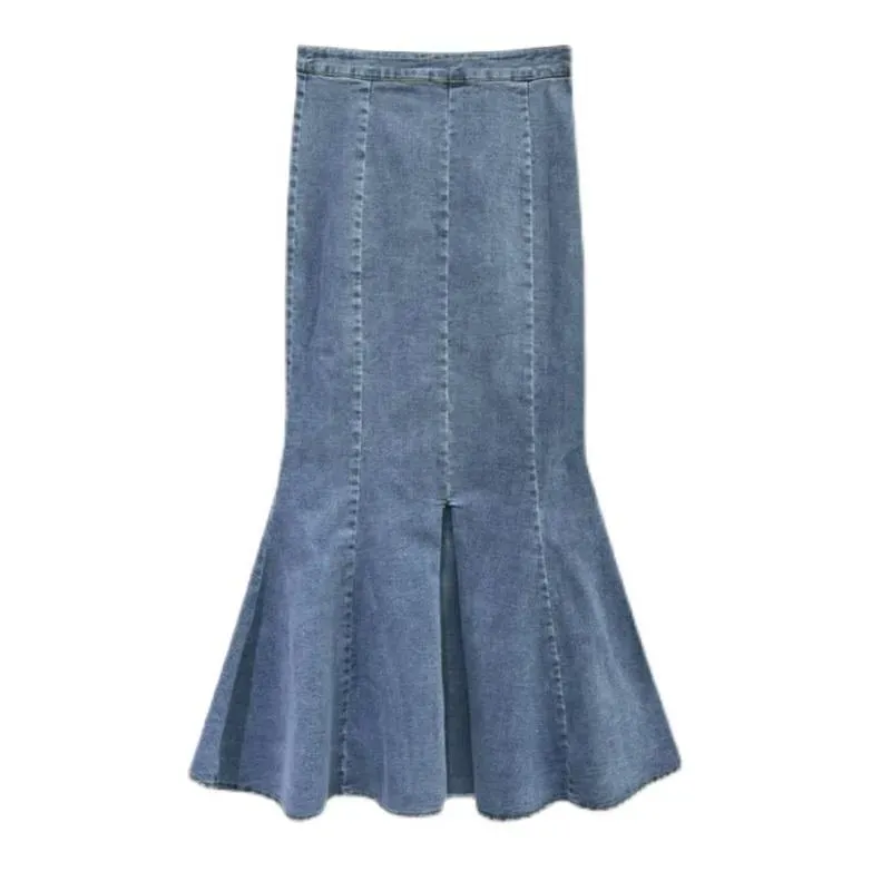 Skirts Denim Skirt Women Autumn 2022 Design High Waist A-Line Ruffled Mid-Length Package Hip Fishtail Girl