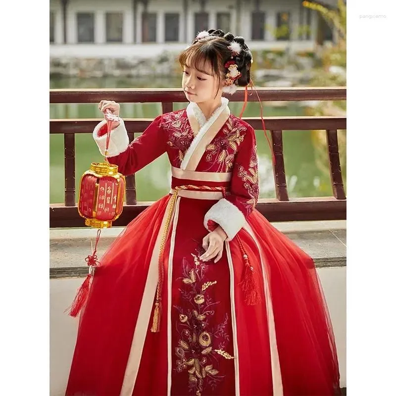 Ethnic Clothing Girls Hanfu Chinese Years Childrens Warm Tang Suit Kids Winter Plus Veet Embroidery Party Dress With Cloak Drop Delive