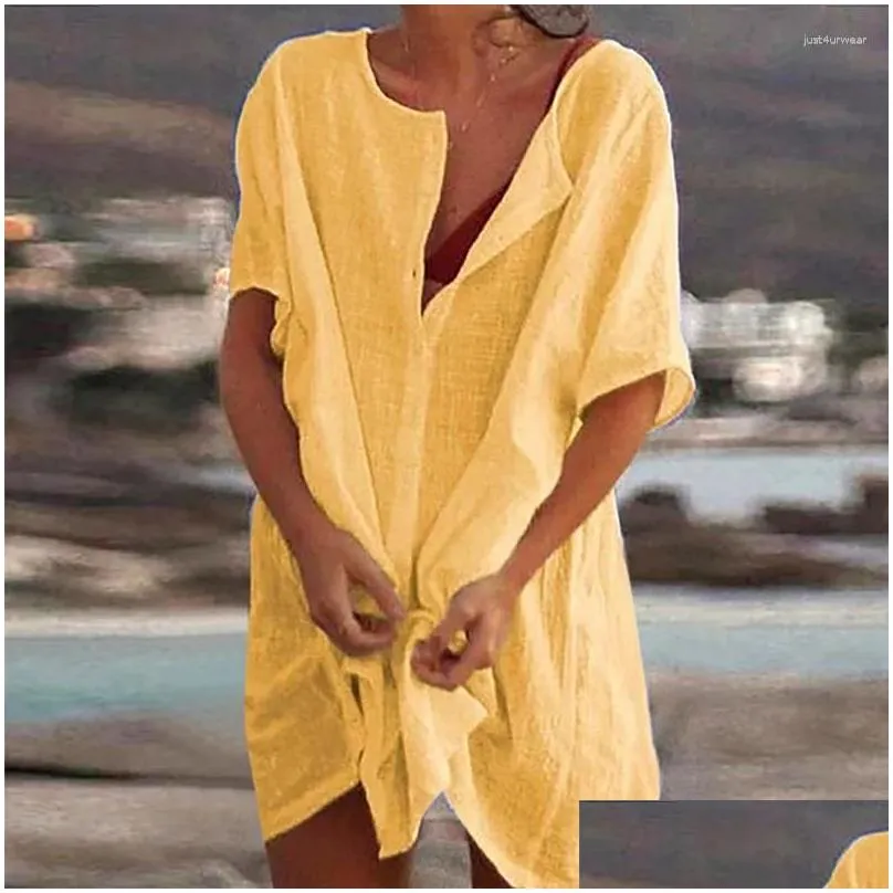 Women`s Swimwear Cotton Tunics For Beach Women Swimsuit Cover-ups Woman Mini Dress