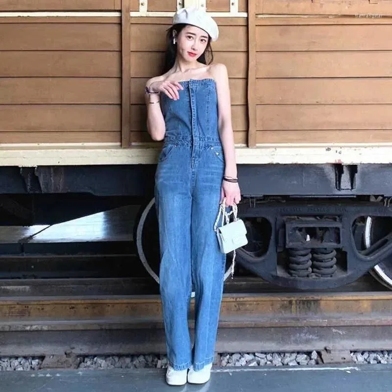 Women`s Jeans Blue Elegant Strapless Sleeveless Full Length Backless Tube Top Denim Jumpsuit High Waist Wide Leg Overalls