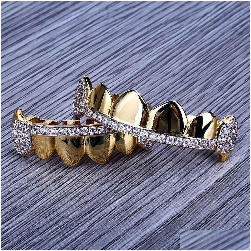 18K Real Gold Teeth Grillz Caps Iced Out Top Bottom Vampire Fangs Dental Grill Set Wholesale k3