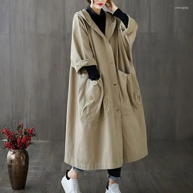 Women`s Trench Coats Woman Spring Autumn Coat Loose Long Large Pocket Windbreaker Hooded Commuter Casual Parker Overcoat