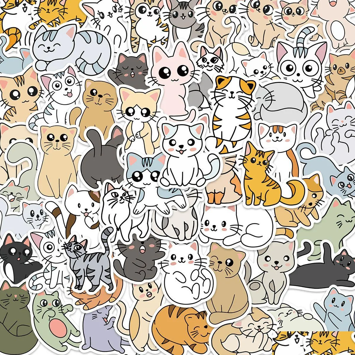 Pack of 60Pcs Wholesale Cartoon Cute Cat Stickers Waterproof Sticker For Luggage Laptop Skateboard Notebook Water Bottle Car decals Kids Gifts
