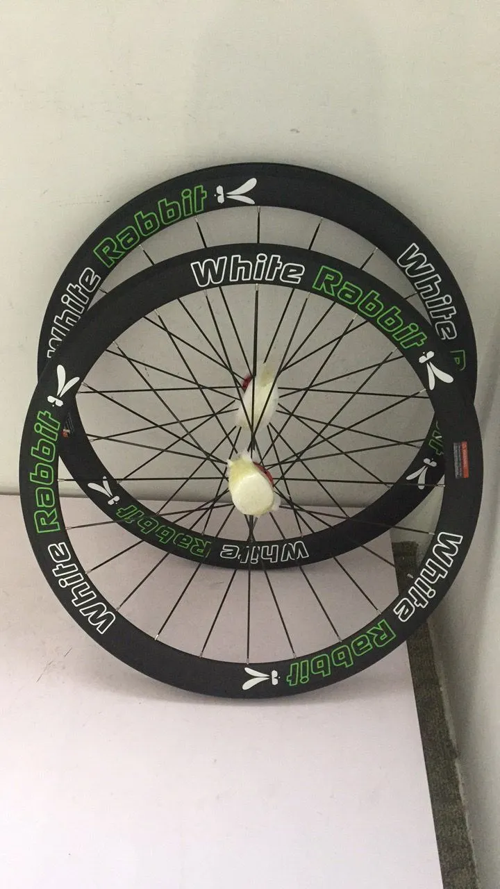 Newest style bike carbon wheels white green rabbit bicycle wheel 700x25mm v brakes U shaped tubular cycling wheels tubuless