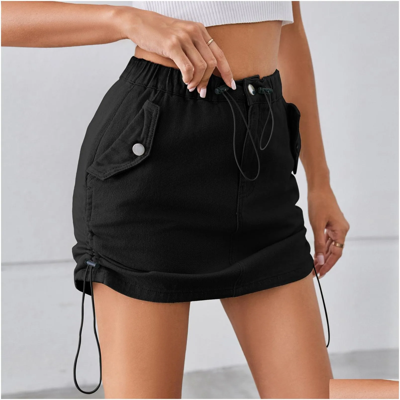 denim short skirt drawstring elastic waist summer sexy shirts women clothing plus size s m l xl xxl black