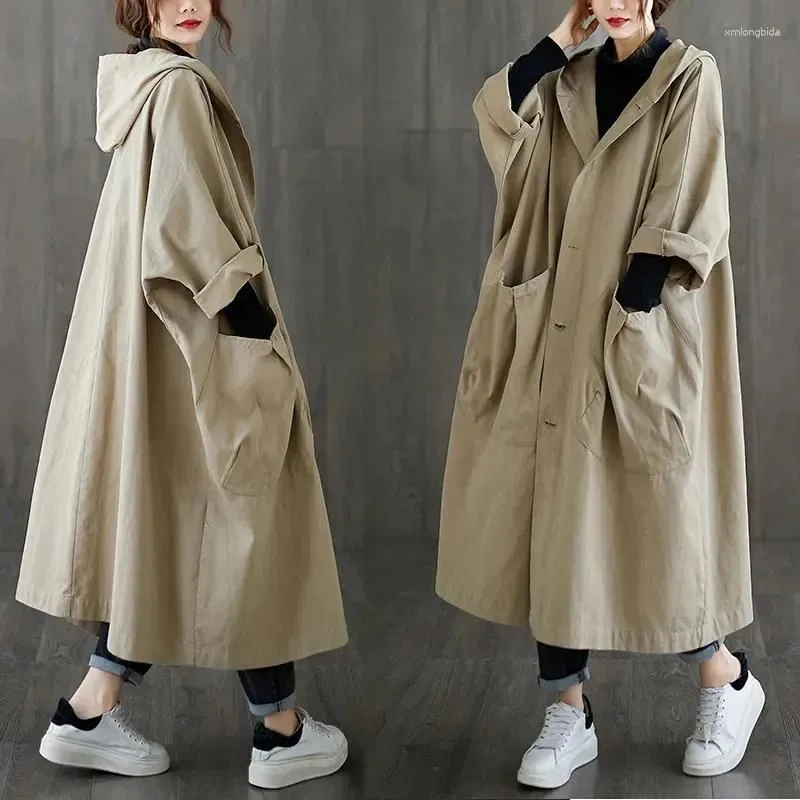 Women`s Trench Coats Woman Spring Autumn Coat Loose Long Large Pocket Windbreaker Hooded Commuter Casual Parker Overcoat