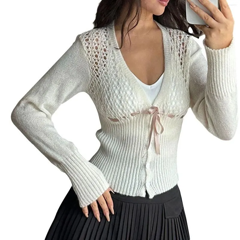 Womens T-Shirt T Shirts Women Button Down Sweater Tie Bow Front V Neck Knit Crop Cardigan Cute Hollow Out Sweet Jumper Plover Top Drop