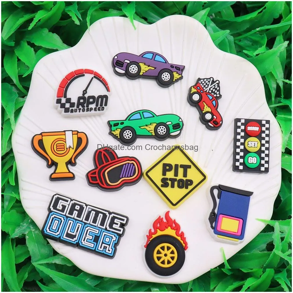 Shoe Parts & Accessories Moq 20Pcs Pvc Trophy Pit Stop Racing Car Ready Set Go Game Over Charms For Wristband Decorations Buckle Ornam Dhsdc