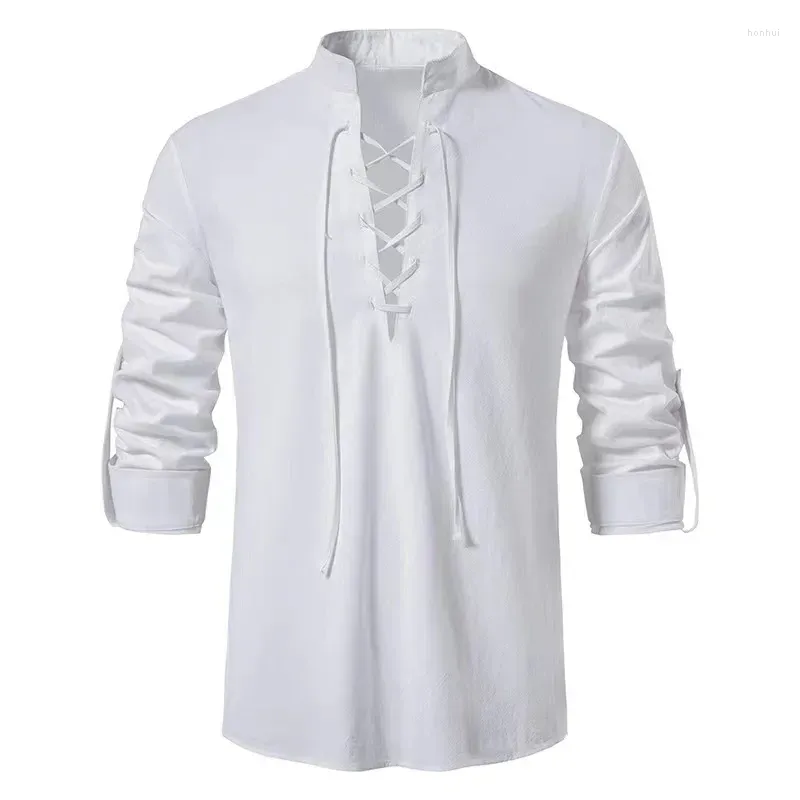 Men`s Casual Shirts 2023 Spring/Summer Cotton Linen Shirt Standing Collar Long Sleeve Henley Foreign Trade European Size