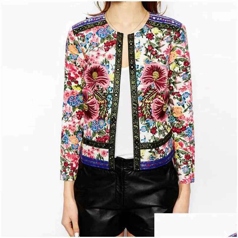 Whole 2017 spring jacket women Floral Print Embroidered short jacket Vintage Long Sleeve open stitch coats female jaqueta