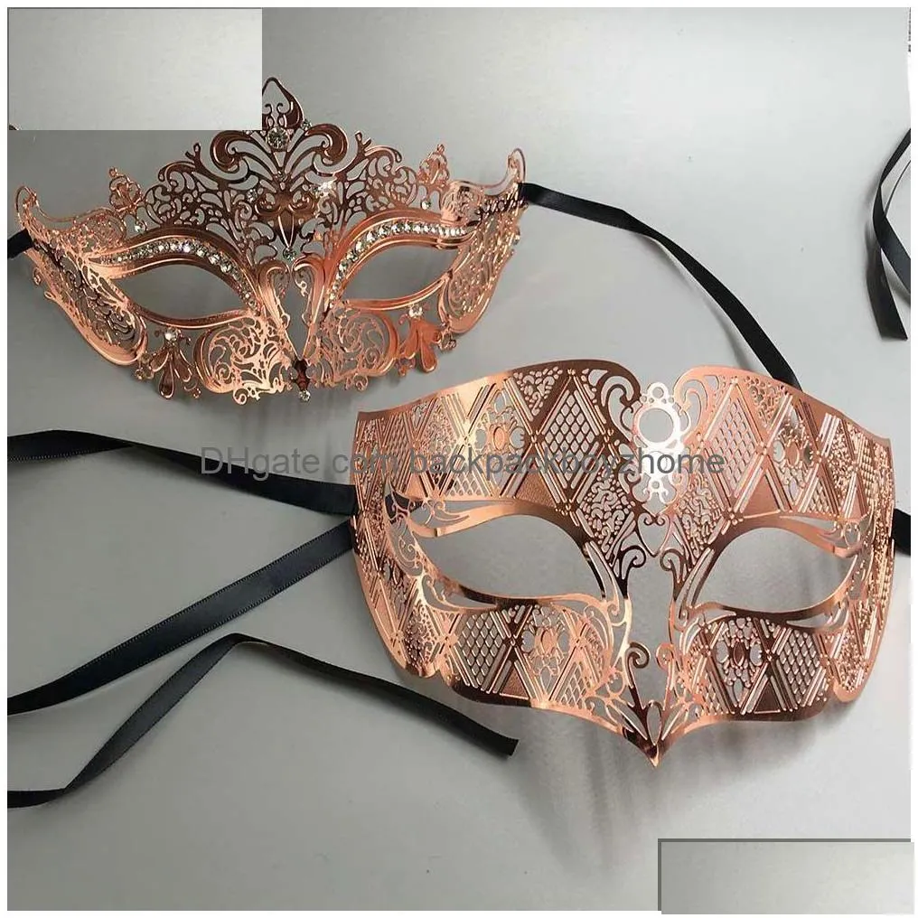 Party Masks Rose Gold Women Men Couple Pair Lover Made Of Light Metal Laser Cut Filigree Venetian Mardi Gras Masquerade Ball Prom Set Dhsxz