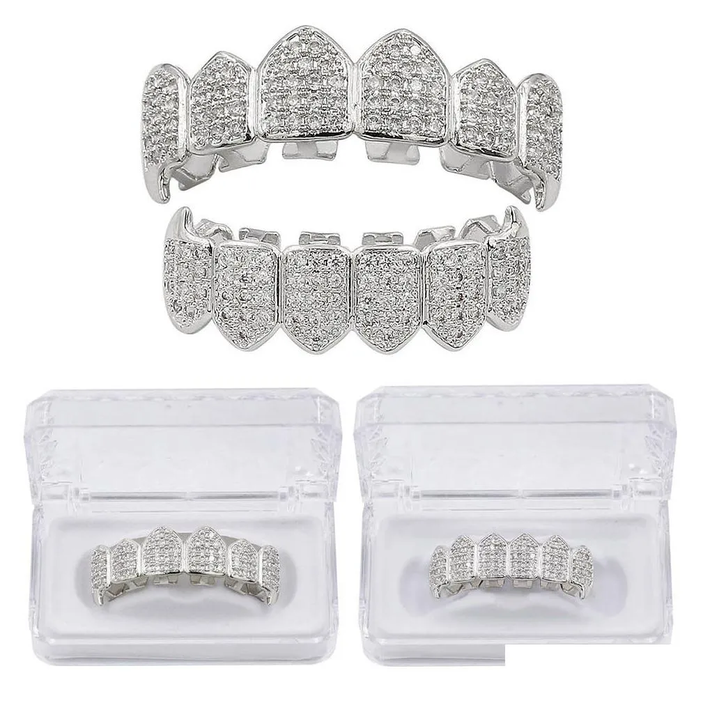 Hip Hop Iced Out CZ Mouth Teeth Grillz Caps Top Bottom Grill Set Men Women Vampire Grills