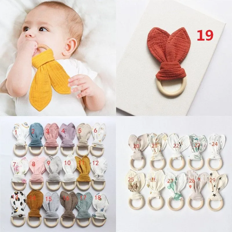 Party Favor 29 colors Bunny Ear Teether Fabric Wooden Teething Ring With Crinkle Material Shower Gift T9I002298