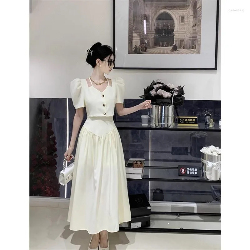 Work Dresses Summer Sweet Girl French Style Suit Women`s Bubble Sleeve Top High Waist A-line Long Skirt Two-piece Set Fashion Female