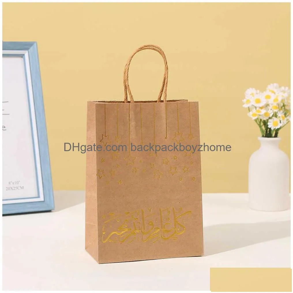 Gift Wrap 5Pcs Eid Mubarak Kraft Paper Bags Party Cookie Candy Packaging Box Ramadan Kareem Muslim Islamic Festival Favors Drop Delive Dhn8C