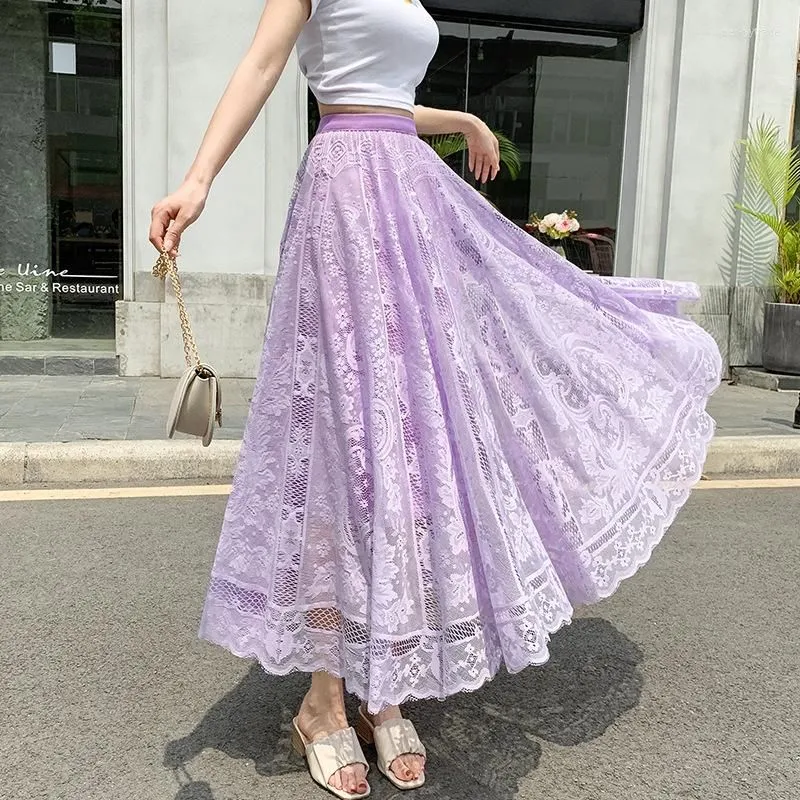 Skirts Women Long Lace Tulle Skirt Spring Summer Autumn Fashion Casual Elastic Waist Flare Swing Maxi Beach Holiday