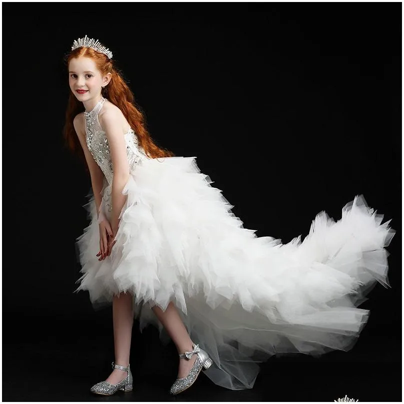 Flower Girls` Dresses 2024 High Low Girl For Wedding Crystals Beaded Luxury Long Train Frist Holy Communion Gown White Pearls Pageant Otw7K