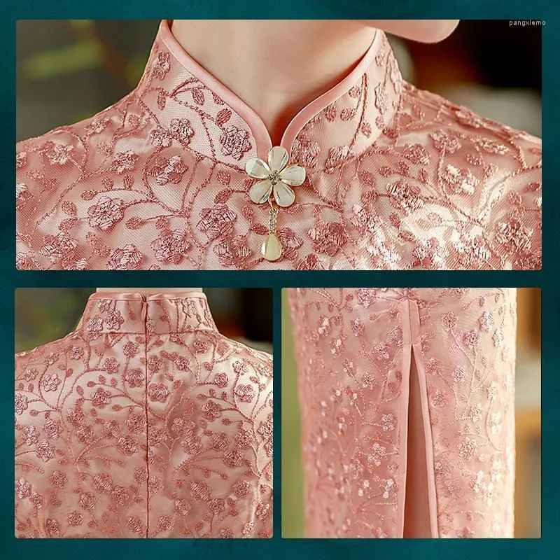 Ethnic Clothing Women Lace Long Pink Elegant Qipao Chinese Formal Party Gown Mandarin Collar Y Cheongsam Short Sleeve Retro Drop Deliv
