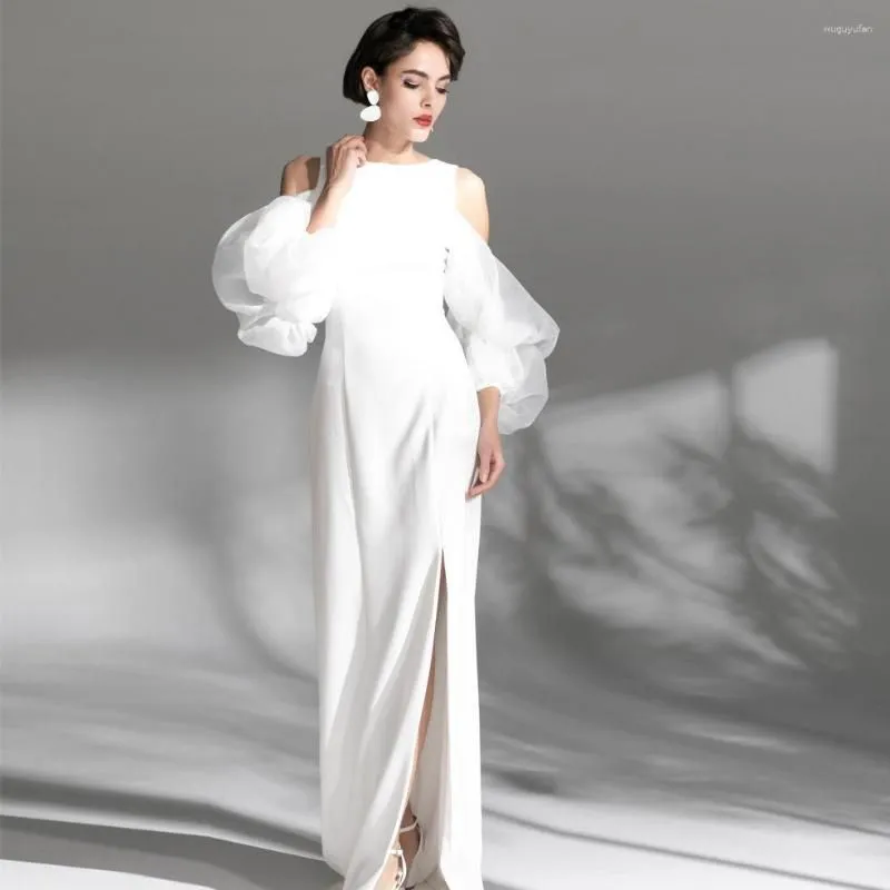 Casual Dresses Elegant White Evening 2023 Off The Shoulder Puffy Long Sleeves Satin Side Slit A-line Prom Party Wedding Women