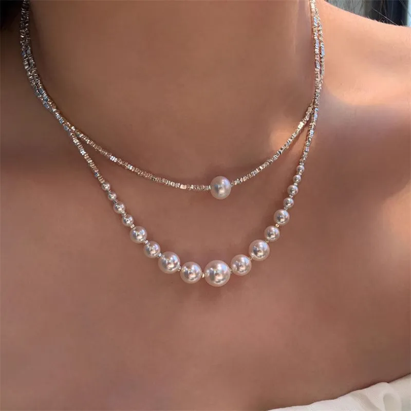French Light Luxury S925 Silver Crushed Zircon Smile Gradient Strong Pearl Necklace Women`s Banquet Fashion Charm Jewelry