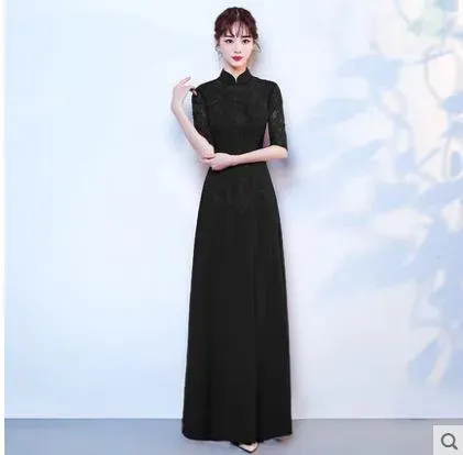 Ethnic Clothing Navy Blue Appliques Women Cheongsam Skirt Long Satin Half Sleeve Banquet Chinese Dresses Fit And Flare Gown