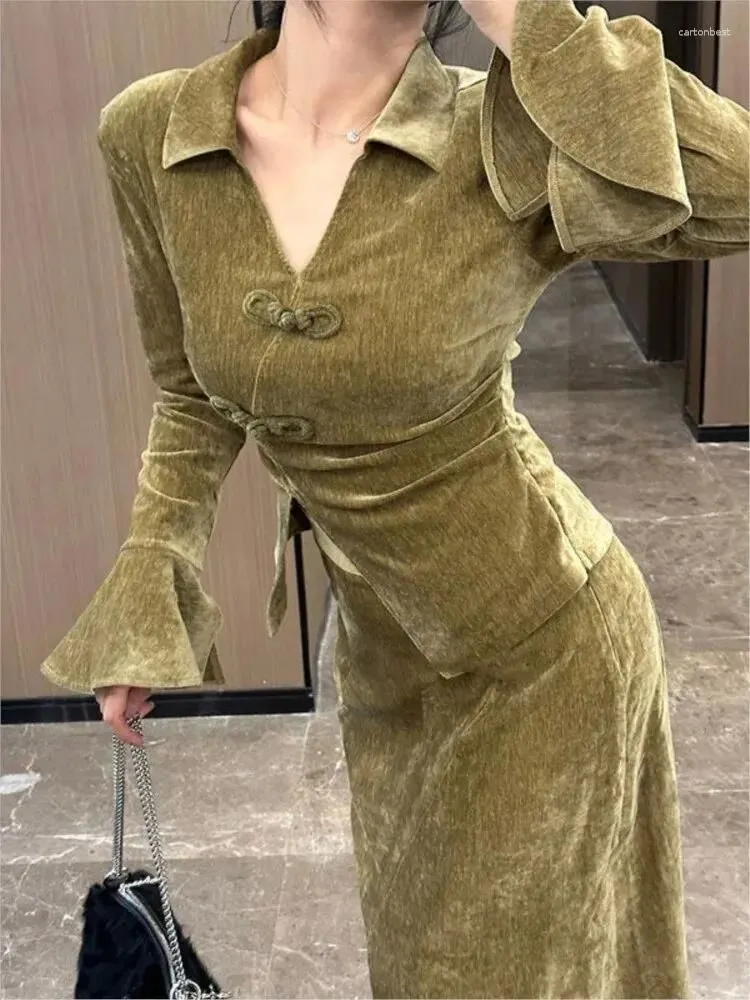 Work Dresses Two Pieces Set 2024 Plus Size Chinese Style Elegant V Neck Split Women Blouse Y2k Slim Solid Fairy Fashion Skirts Casual