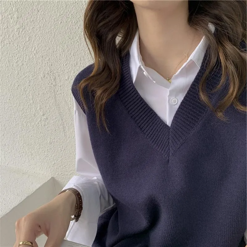 Women`s Sweaters Women`s Sweater Vest For Women V-Neck Solid Sueter Simple Slim All-Match Casual Korean Style Teens Chic Autumn Winter